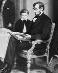 Abraham Lincoln reading to his son Tadd at the White House